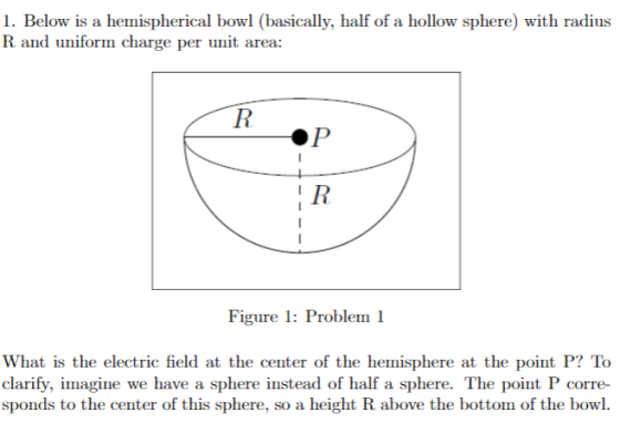 1. Below is a hemispherical bowl (basically, half of a hollow sphere) with radius R and uniform charge per unit area: Figure 1: Problem 1 What is the electric field at the center of the hemisphere at the point P? To clarify, imagine we have a sphere instead of half a sphere. The point P corre sponds to the center of this sphere, so a height R above the bottom of the bowl.
