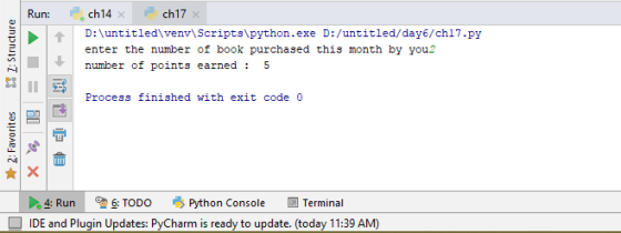 Run ch14 x ch17 D:\untitled\venv\Scripts\python.exe D:/untitled/day6/ch17.py enter the number of book purchased this month by