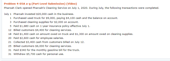 Problem 4-05A a-g (Part Level Submission) (Video) Pharoah Clark opened Pharoahs Cleaning Service on July 1, 2020. During Jul