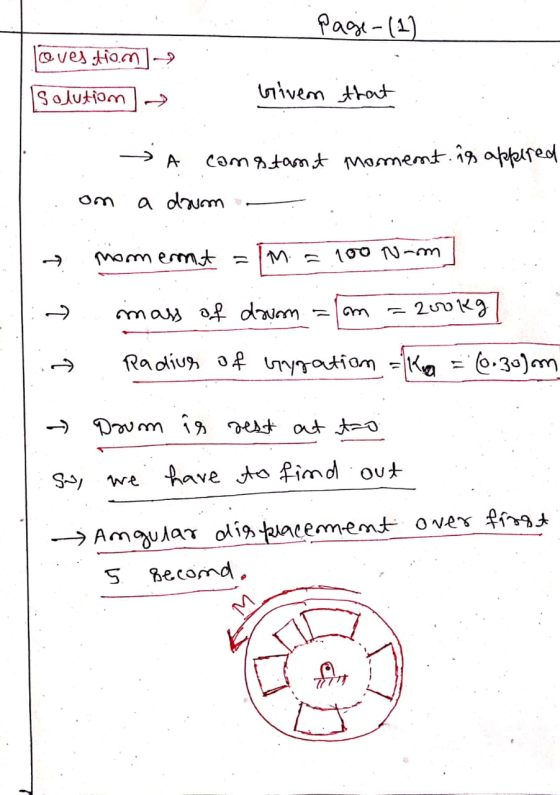 page-(1) loves tiom Isolution Given that A camatan it moment is appered a drum momermt = M = 100 Nam 2 mass of drum 2rokg Rad