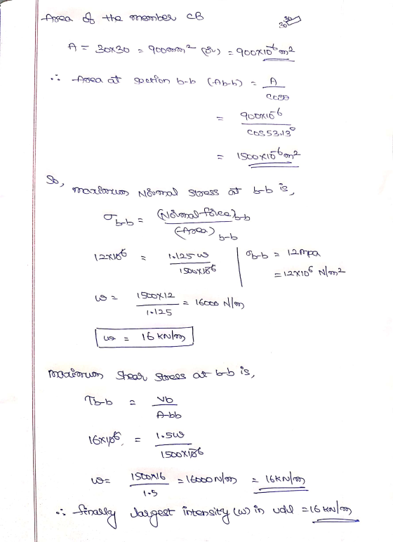 Area of the member CB A = 30x30 » 9000m, a eu = 900X10 m2 i Area at soction bab (Abb) = A 2030 = quor166 COS 5330 = isooxio t