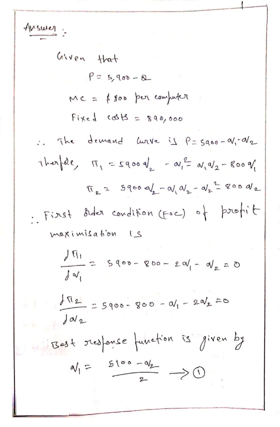 Answer: Given that P = 5,900-a me = $800 per computer Fixed costs = 890,000 ... The demand curve is P = 5960-01,00 Therefore,