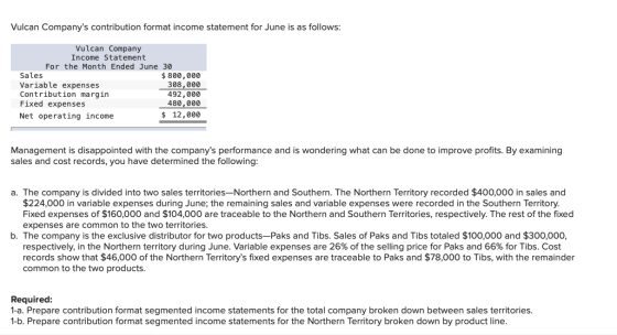 Vulcan Companys contribution format income statement for June is as follows: Vulcan Company Income Statement For the Month E