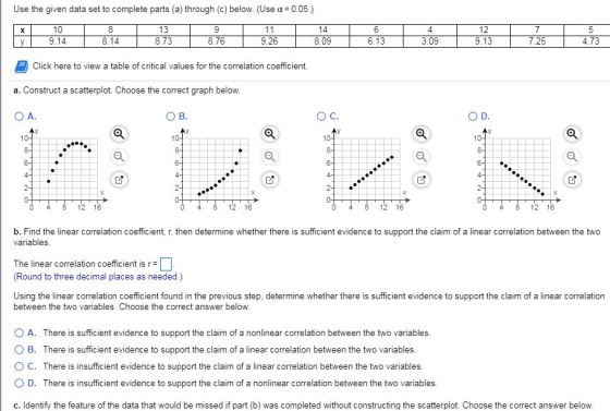 Use the given data set to complete parts (a) through (c) below. (Use a = 0.05.) 5 х у 10 9.14 8 8.14 13 8.73 9 8.76 11 9.26 1