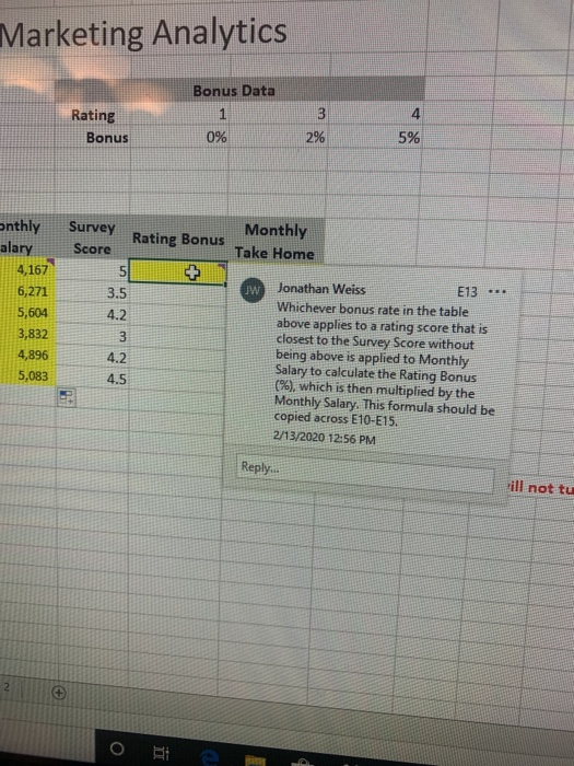 Marketing Analytics Bonus Data Rating Bonus 0% 5% Survey Score Rating Bonus Monthly Take Home w Onthly alary 4,167 6,271 5,60