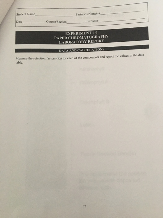 Student Name Partners Name(s) Date Course/Section Instructor EXPERIMENT #6 PAPER CHROMATOGRAPHY LABORATORY REPORT DATA AND C