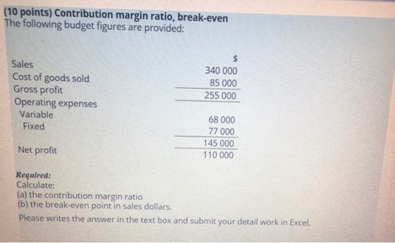 (10 points) Contribution margin ratio, break-even The following budget figures are provided: Sales Cost of goods sold Gross p