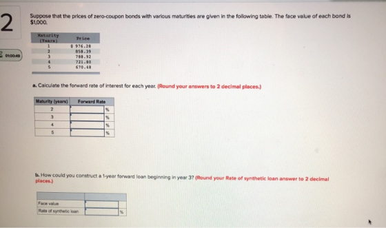 Suppose that the prices of zero-coupon bonds with various maturities are given in the following table. The face value of each