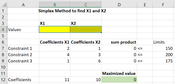 A D E F B С Simplex Method to find X1 and X2 1 2 3 X1 X2 4 Values 5 6 7 Constraint 1 8 Constraint 2 9 Constraint 3 10 11 12 C