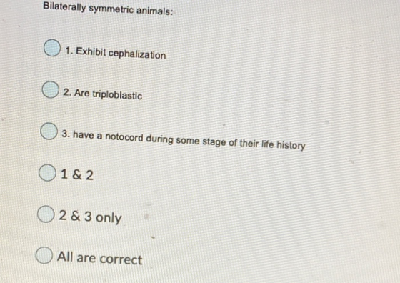 Bilaterally symmetric animals: 1. Exhibit cephalization 2. Are triploblastic 3. have a notocord during some stage of their li