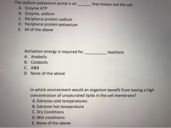 that moves out the cell The sodium-potassium pump is an A. Enzyme ATP B. Enzyme, sodium C. Peripheral protein sodium D. Perip