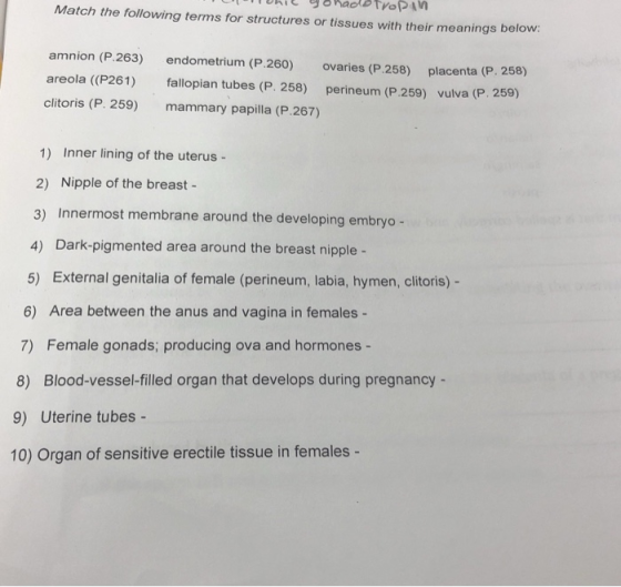 TUTDhil yonadotropin Match the following terms for structures or tissues with their meanings below: amnion (P.263) areola ((P