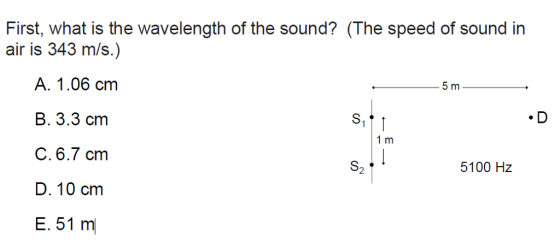 First, what is the wavelength of the sound? (The speed of sound in air is 343 m/s.) A. 1.06 cm B. 3.3 cm C. 6.7 cm D. 10 cm E. 51 m S2 5100 Hz