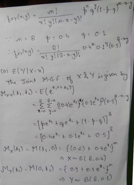 m! fxy(x,y) - p q (1 - proq yon ng x!! (m-n-y)! m=8 p=0.4 q = 0.1 fxylary) 0.9% 0.1% (0.8 my n! y! (3-n-y)! 8! 8 8-2 40 y=0 (