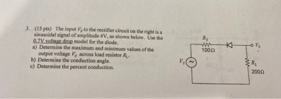 3. (15 pts) The input Vs to the rectifier circuit on the right is a sinusoidal signal of amplitude 4V, as shown below. Use th