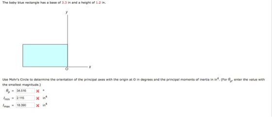 The baby blue rectangle has a base of 3.3 in and a height of 1.2 in. Use Mohrs Circle to determine the orientation of the principal axes with the origin at O in degrees and the principal moments of inertia in in4, the smallest magnitude.) For enter the value with =34.516 x. min 2.115 max18.390x in