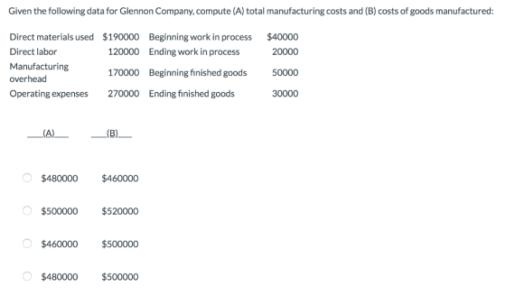 Given the following data for Glennon Company, compute (A) total manufacturing costs and (B) costs of goods manufactured: $400
