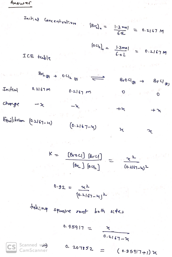 Answer Initial concentratiews [Bra]. - 1-3 mol = 0.2167 m 6.04 10 (12) = 1.3 mol = 0.2167 May ICE table Bracaj + OC1200) = Br