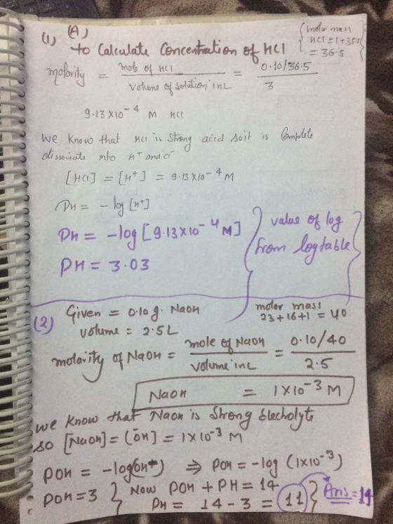 (A) (motu man NO=1+385 to Calculate Concentration of = 365 0.10/36.5 molarity = mole of HCl volume of solution in 3 9.13 X 10