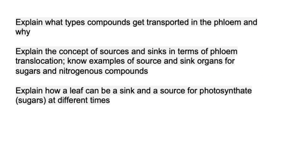 Explain what types compounds get transported in the phloem and why Explain the concept of sources and sinks in terms of phloe