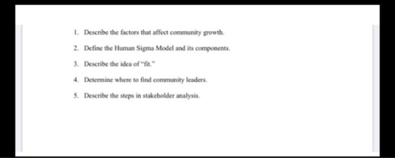 1. Describe the factors that affect community growth. 2. Define the Human Sigma Model and its components. 3. Describe the ide