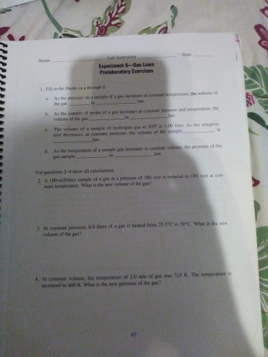 Experiment Gas Laws Prelaboratory Exercises W Fill in the banks in and e constant temp l As the name of a casa con prime and