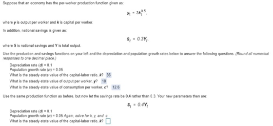 Suppose that an economy has the per-worker production function given as: y = 3405 where y is output per worker and k is capit
