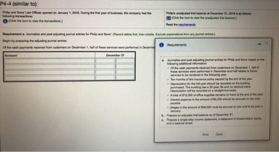 P4-4 (similar to) Philip and Sons Law Offices opened on January 1, 2018. During the first year of business, the company had the following transactions: 1(Click the loon to view the transactions.) Philips unadjusted trial balance at December 31, 2018 is as follows EII (Click the icon to view the unadjusted trial balance.) Read the requrements Requirement a. Joumalize and post adjusting journal entries for Philip and Sons. (Record debits first, then credits. Exclude explanations from any joumal entries.) Begin by preparing the adjusting joumal entries Of the cash payments received from austomers on Deoember 1, hailf of these services were performed in Decembe Requirements Account December 31 aJournaize and post adjusting jounal entries for Philip and Sons based on the following addisional information Of the cash payments received from customers on December 1, half of hese services were performed in December and haf relates to future services to be rendered in the folowing year :Ten months of the insurance policy expired by the énd of the yea Depreciation for the full year should be recorded on the building purchased. The building has a 20-year ife and no residual value. Depreciaton will be recorded on a straight-line basis A total of $12,000 of office supplies remains on hand at the end of the year Interest expense in the amount of $4,250 should be accrued on the note payable Wages in the amount of $66,000 must be acorued at year and to be paid in January b. Propare an adjusted trial balance as of December 31 G. Propare a single etop income statement, a statement of shareholders equity and a balance sheet Print Done