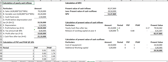 G 1 Calculation of yearly cash inflows Calculation of NPV 2 3 Particulars 4 A. Sales (4,00,000*$22*90%) 5 B. Variable cost (4