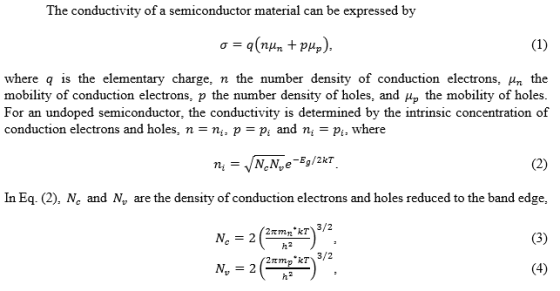 The conductivity of a semiconductor material can be expressed by where q is the elementary charge, n the number density of conduction electrons, μη the mobility of conduction electrons, p the number density of holes, and p, the mobility of holes For an undoped semiconductor, the conductivity is determined by the intrinsic concentration of conduction electrons and holes, n -n, p -p and n, - pt, where NNeE/2k7 In Eq. (2), Nc and N are the density of conduction electrons and holes reduced to the band edge, 2 (2nm.tr)3/2
