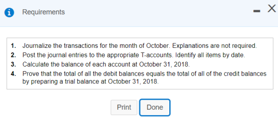 Requirements - X 1. Journalize the transactions for the month of October. Explanations are not required. 2. Post the journal