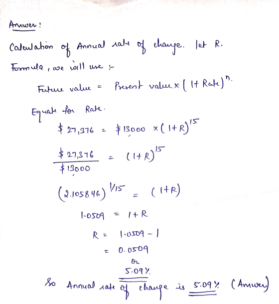 Anwen! Calculation of 엉 Annual rate of change. let R. Formula will use ! 1 we Future value Present value * I It Rate). Equat