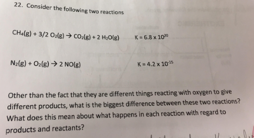 22. Consider the following two reactions CHa(g) + 3/2。2(g) → CO2(g) + 2 H2O(g) K = 6.8 x 1 N2(g) + O2(g) → 2 NO(g) K=4.2 x 1015 Other than the fact that they are different things reacting with oxygen to give ifferent products, what is the biggest difference between these two reactions? What does this mean about what happens in each reaction with regard to products and reactants?