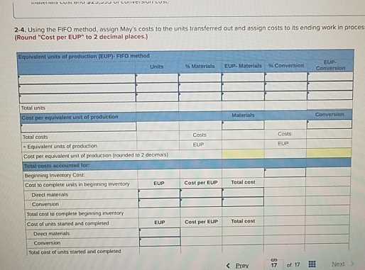 2-4. Using the FIFO method, assign Mays costs to the units transferred out and assign costs to its ending work in proces (Ro