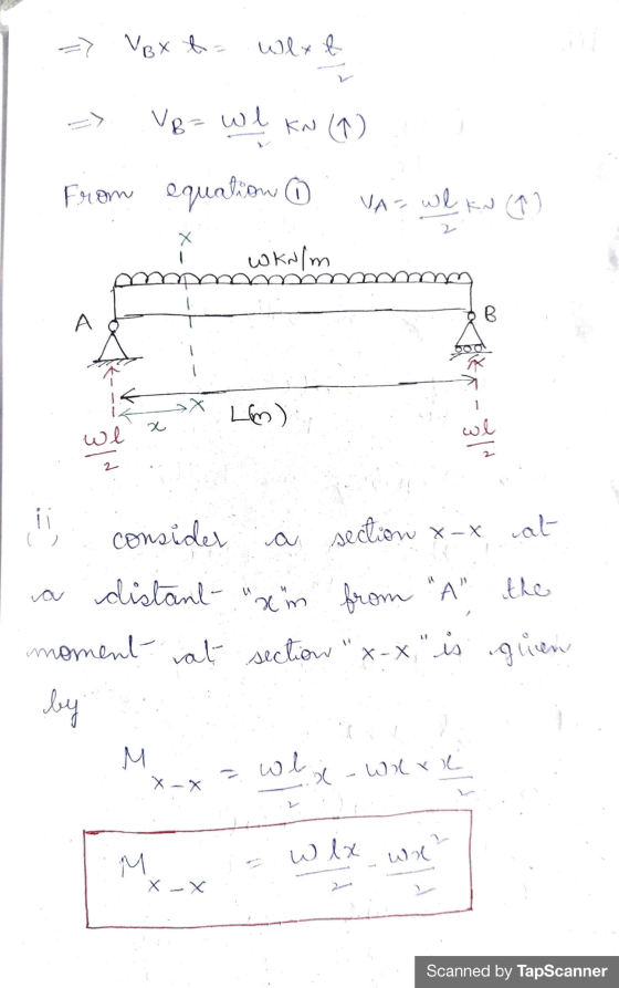 VBx t = VB= wl KN (1) From equation 6 VA= wl KN (1) Х wkolm B А Х Lm) wl wl 2 in XX cat consider a section x_x va distant am