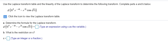 Use the Laplace transform table and the linearity of the Laplace transform to determine the following transform. Complete par