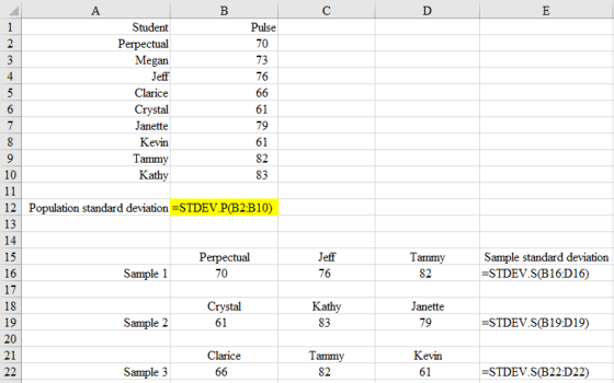 Student Perpectual Megan Jeff Clarice Crystal Janette Kevin 70 73 76 61 79 61 82 83 10 Kathy 12 | Population standard deviati