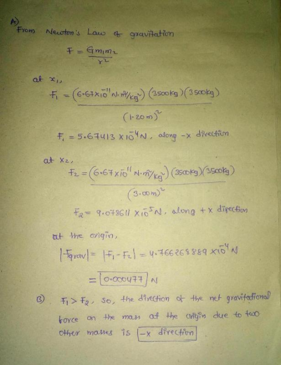 From Nleustons Lauo gxavitatim 千= Gminh at x 35oo (1.20 m) 3.com) fe 9-о 9611 x65N, along + x direction 따 the origin, boyce on the man af the onin due to too