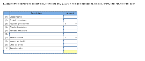 c. Assume the original facts except that Jeremy has only $7,000 in itemized deductions. What is Jeremys tax refund or tax du
