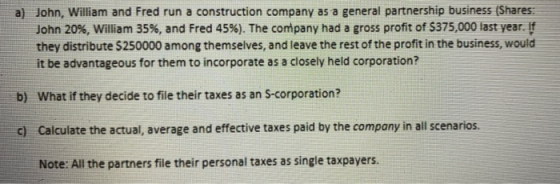 a) John, William and Fred run a construction company as a general partnership business (Shares: John 20%, William 35%, and Fr