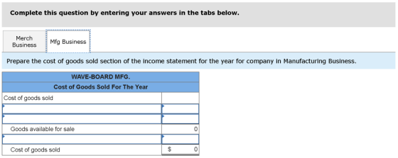 Complete this question by entering your answers in the tabs below. Merch Business Mfg Business Prepare the cost of goods sold