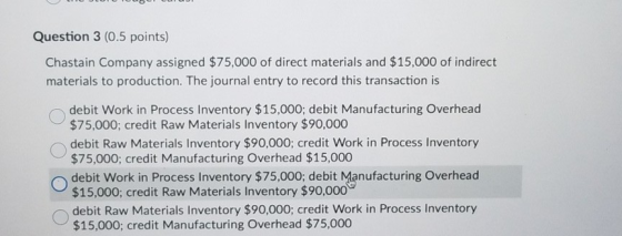 DLOUD.CO Question 3 (0.5 points) Chastain Company assigned $75,000 of direct materials and $15,000 of indirect materials to p