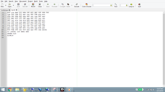 File Edit earch View Document Project Build Iools Help New Open codons.py X inp.tbtX ave Save All Revert CloseBack Forward Co