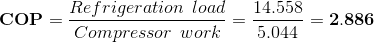 \mathbf{COP}=\frac{Refrigeration\: \: load}{Compressor\: \: work}=\frac{14.558}{5.044}=\mathbf{2.886 }