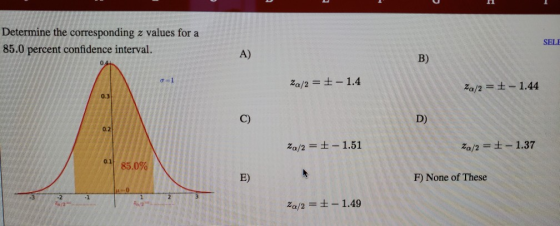 Determine the corresponding z values for a 85.0 percent confidence interval. SEL A) B) za/2 = ±-1.44 0.3 C) D) 0.2 0.11 85.0% E) F) None of These .2 za/2 = ±-1.49