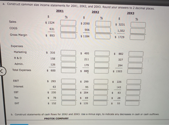 a. Construct common size income statements for 20X1, 20X2, and 20X3. Round your answers to 2 decimal places. 20X1 20X2 20X3 S