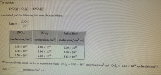 The reaction 2NO(g)+0(9)2NO,(g) was studied, and the following data were obtained where Al02) Rate= At NO Initial Rate (molec