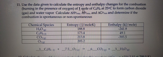 11. Use the data given to calculate the entropy and enthalpy changes for the combustion (burning in the presence of oxygen) o