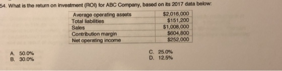 54. What is the return on investment (RO) for ABC Company, based on its 2017 data below: Average operating assets Total liabilities Sales Contribution margin Net operating income 2,016,000 $151,200 $1,008,000 $604,800 $252,000 A. 50.0% B. 30.0% C. 25.0% D. 12.5%
