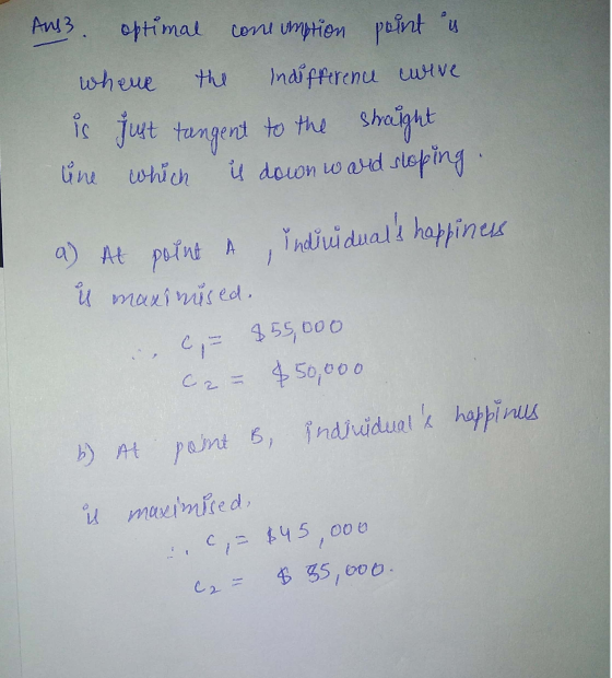 Ans. optimal consumption point u where the Indifference were is just tangent to the straight line which is down ward sloping.